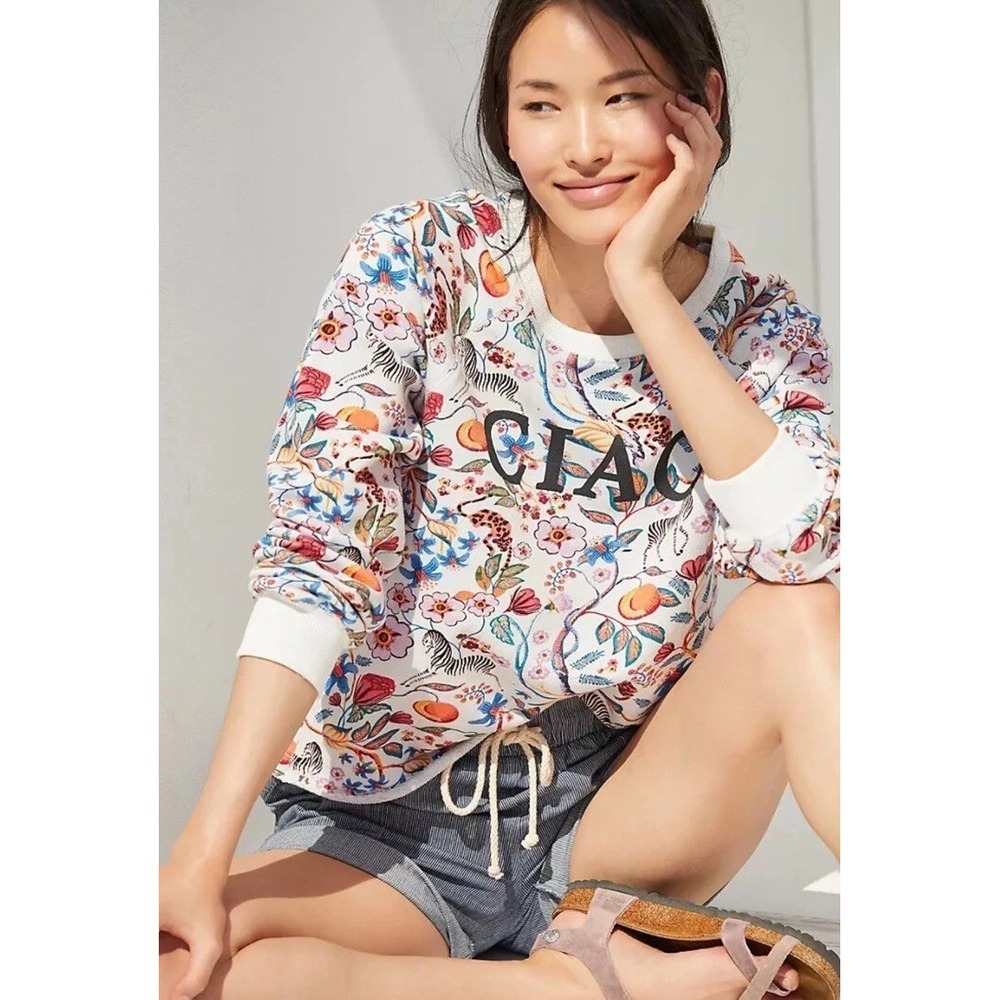 MAEVE‎ Ciao Floral Print Zebra Cheetah Cropped Sweatshirt XS Anthropologie